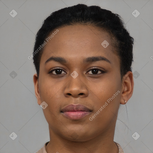 Neutral black young-adult female with short  brown hair and brown eyes