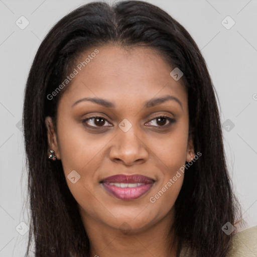 Joyful latino young-adult female with long  brown hair and brown eyes