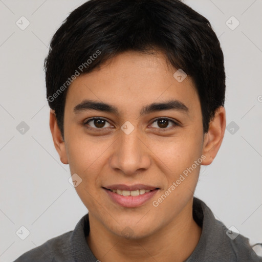 Joyful latino young-adult male with short  brown hair and brown eyes