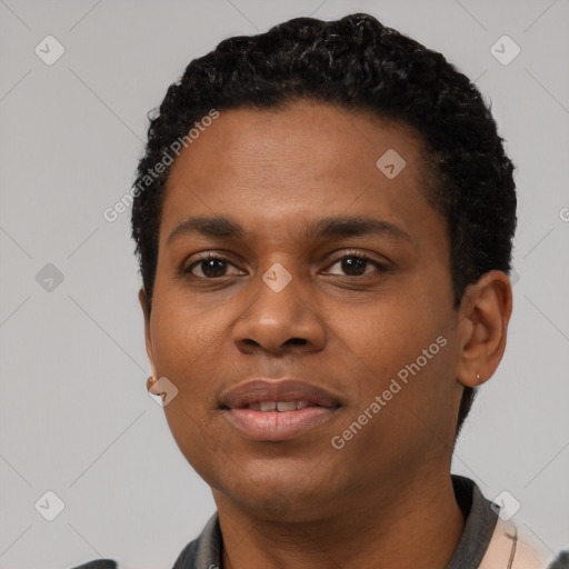 Neutral black young-adult male with short  black hair and brown eyes