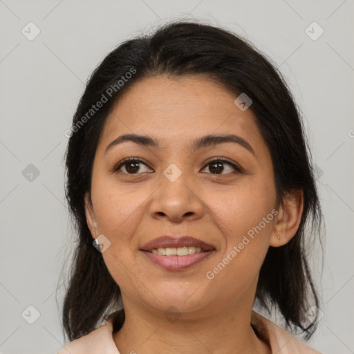 Joyful white young-adult female with medium  brown hair and brown eyes