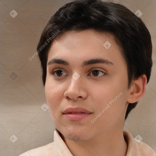 Neutral white young-adult female with short  brown hair and brown eyes