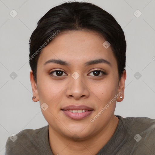 Joyful asian young-adult female with short  brown hair and brown eyes