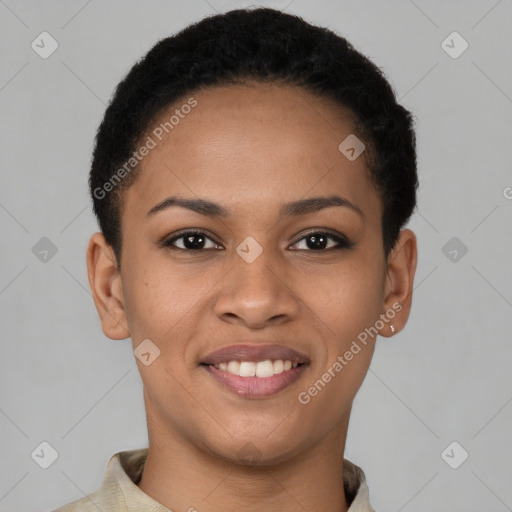 Joyful latino young-adult female with short  brown hair and brown eyes