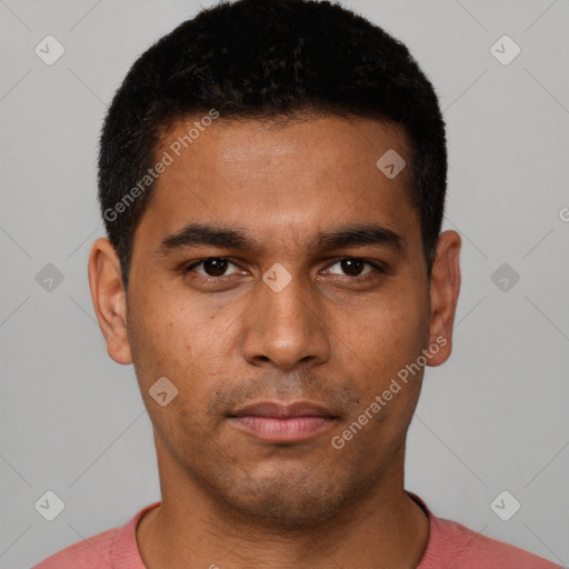 Neutral white young-adult male with short  black hair and brown eyes