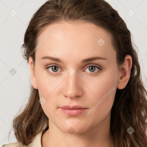 Neutral white young-adult female with long  brown hair and grey eyes