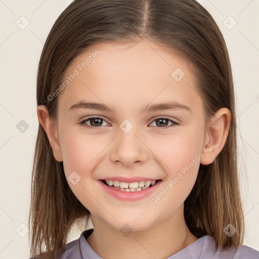 Joyful white child female with medium  brown hair and brown eyes