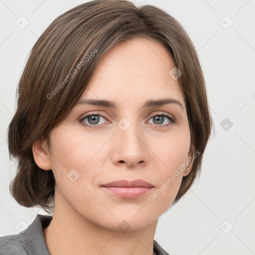 Neutral white young-adult female with medium  brown hair and grey eyes