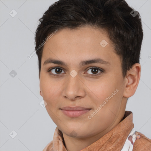 Joyful white young-adult female with short  brown hair and brown eyes