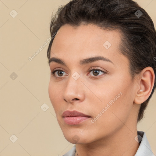 Neutral white young-adult female with short  brown hair and brown eyes