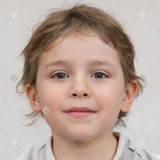 Joyful white child female with medium  brown hair and blue eyes