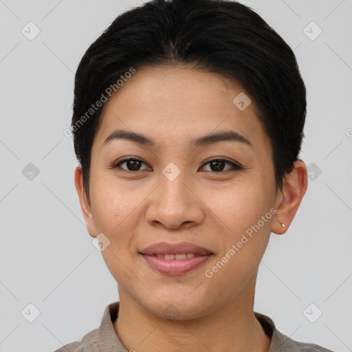 Joyful asian young-adult female with short  brown hair and brown eyes