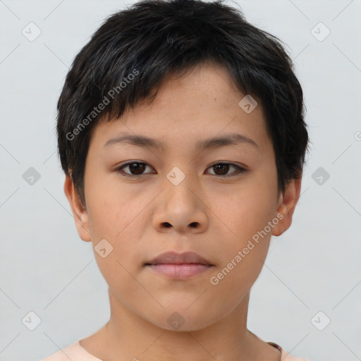 Neutral asian young-adult female with short  brown hair and brown eyes