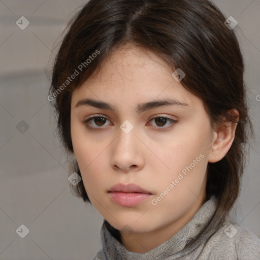 Neutral white young-adult female with medium  brown hair and brown eyes