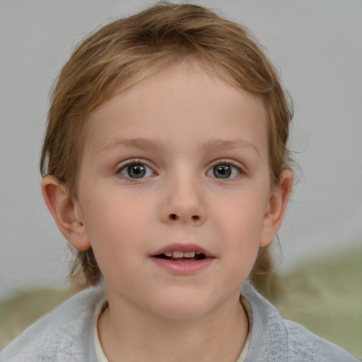 Neutral white child female with medium  brown hair and blue eyes