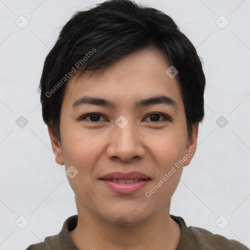 Joyful asian young-adult female with short  black hair and brown eyes