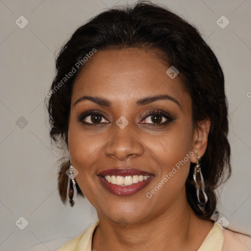 Joyful black young-adult female with medium  brown hair and brown eyes