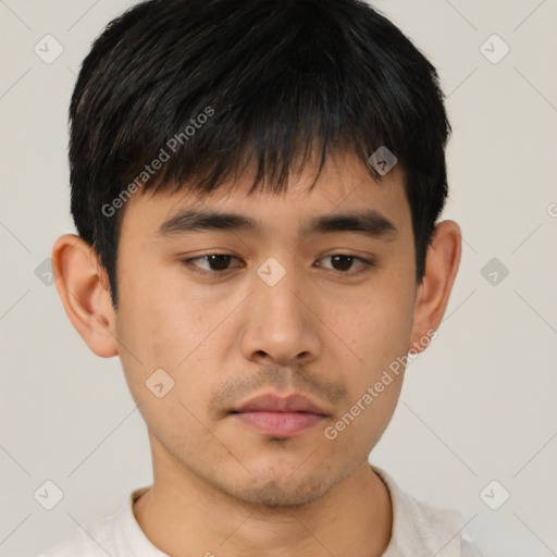 Neutral asian young-adult male with short  brown hair and brown eyes