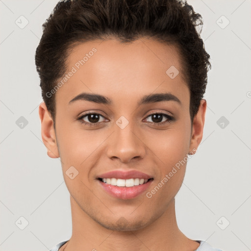 Joyful white young-adult female with short  brown hair and brown eyes