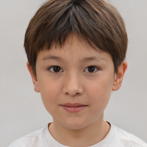 Joyful white child female with short  brown hair and brown eyes