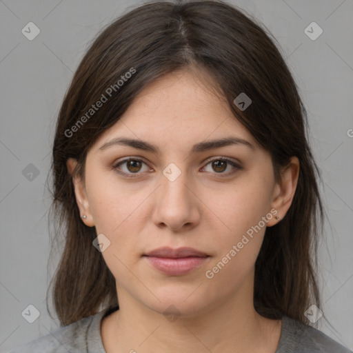 Neutral white young-adult female with medium  brown hair and brown eyes