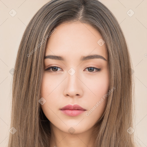 Neutral white young-adult female with long  brown hair and brown eyes