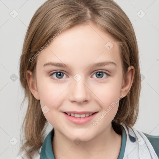 Joyful white child female with medium  brown hair and grey eyes