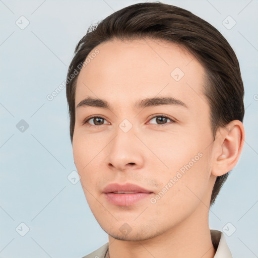 Neutral white young-adult male with short  brown hair and brown eyes