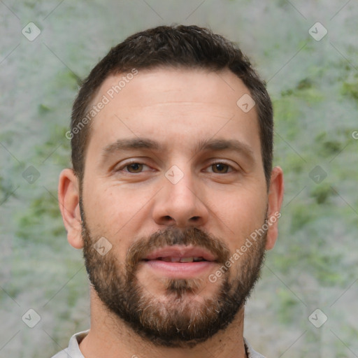 Neutral white young-adult male with short  brown hair and brown eyes