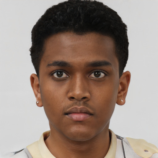 Neutral black young-adult male with short  black hair and brown eyes