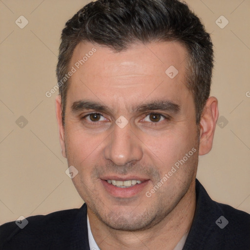 Joyful white adult male with short  brown hair and brown eyes