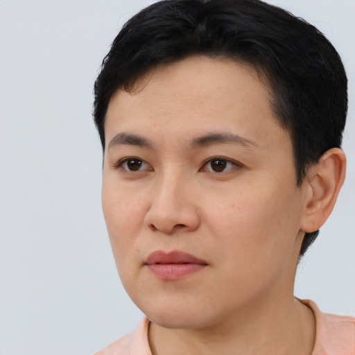Neutral asian young-adult male with short  black hair and brown eyes