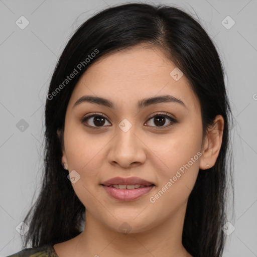 Joyful latino young-adult female with medium  brown hair and brown eyes