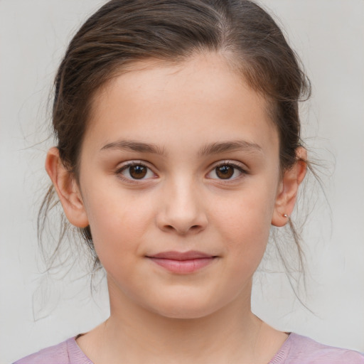 Joyful white child female with medium  brown hair and brown eyes