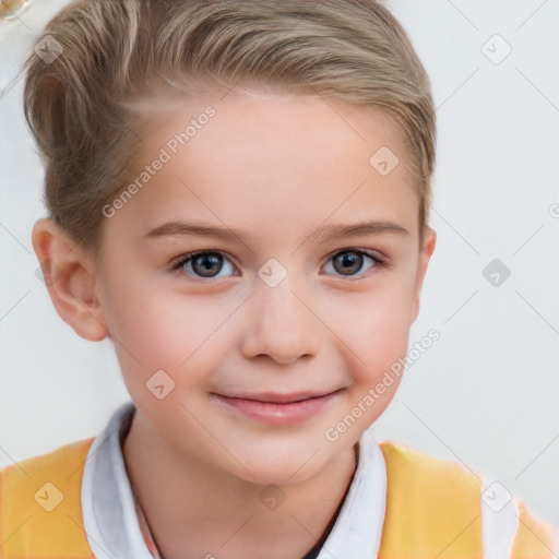 Joyful white child female with short  brown hair and brown eyes