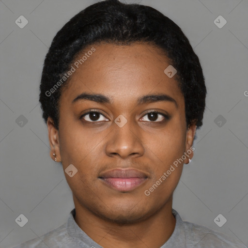 Neutral black young-adult female with short  black hair and brown eyes