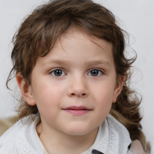 Neutral white child female with medium  brown hair and blue eyes