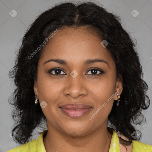 Joyful black young-adult female with medium  brown hair and brown eyes