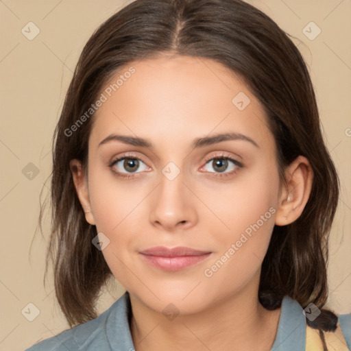 Neutral white young-adult female with medium  brown hair and brown eyes