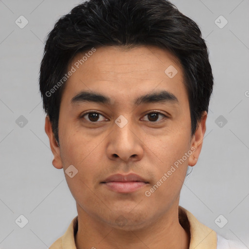 Neutral asian young-adult male with short  black hair and brown eyes