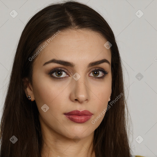 Neutral white young-adult female with long  brown hair and brown eyes