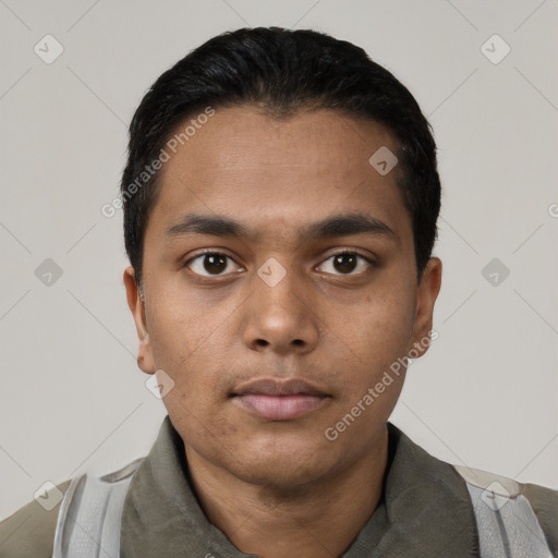 Neutral latino young-adult male with short  black hair and brown eyes