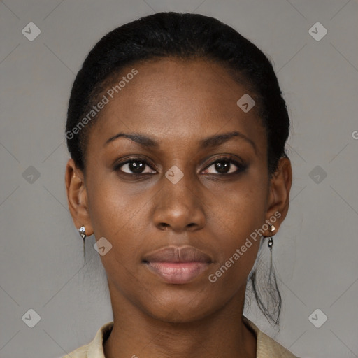 Neutral black young-adult female with short  black hair and brown eyes