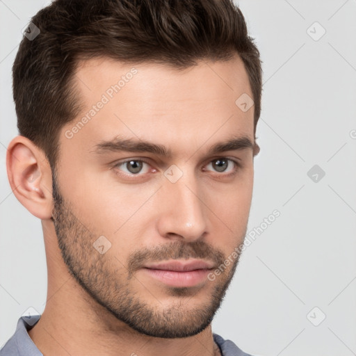 Neutral white young-adult male with short  brown hair and brown eyes