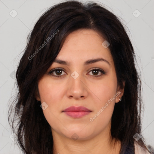 Joyful white young-adult female with long  brown hair and brown eyes