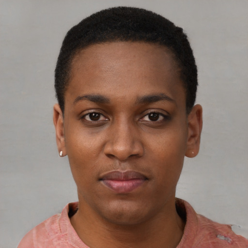 Neutral black young-adult female with short  black hair and brown eyes