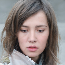 Neutral white young-adult female with medium  brown hair and grey eyes