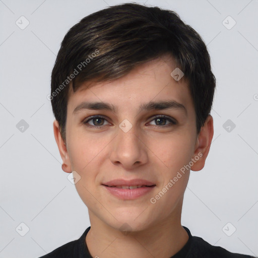 Joyful white young-adult male with short  black hair and brown eyes