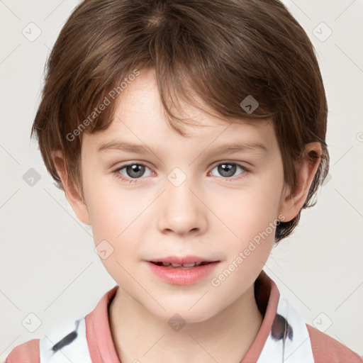 Neutral white child female with medium  brown hair and grey eyes