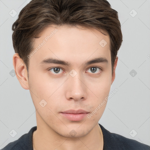 Neutral white young-adult male with short  brown hair and brown eyes